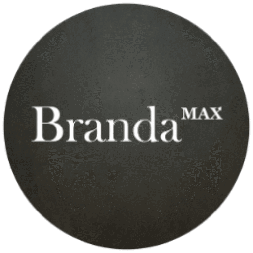 Brandamax logo - black circle with white serif text