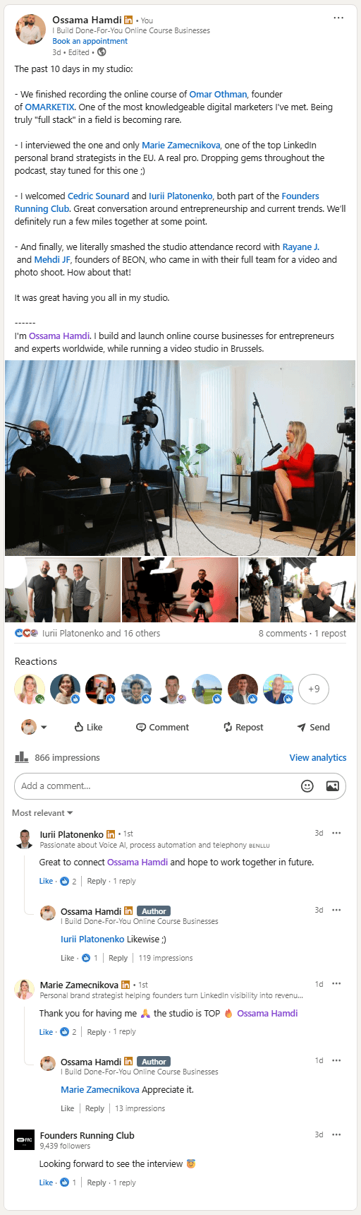 Past 10 days in studio LinkedIn post